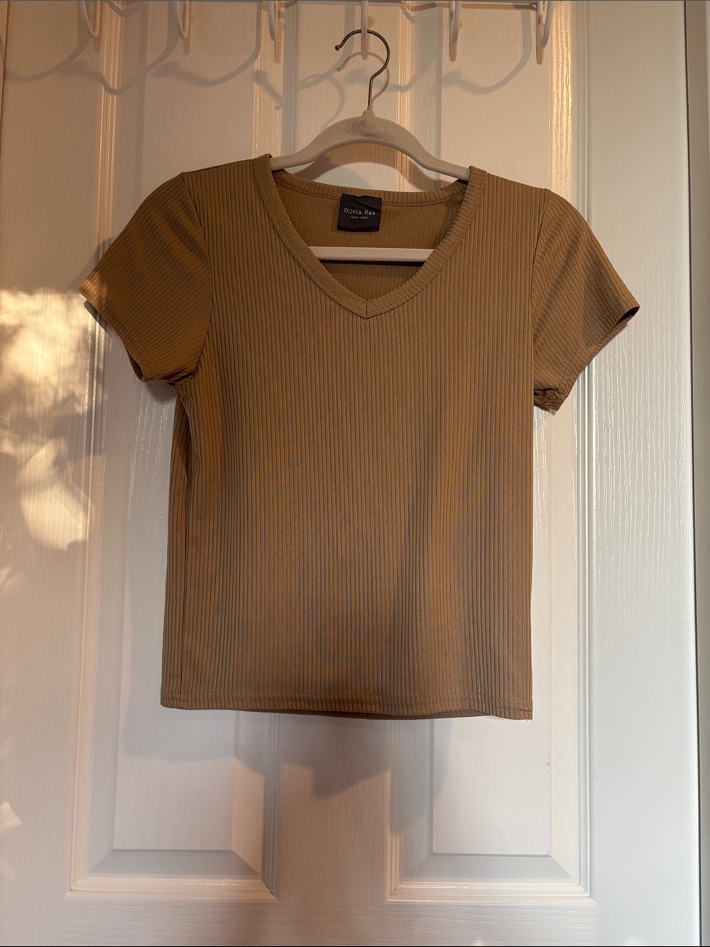 Olivia Rae Ribbed V-Neck Short Sleeve Top in Tan